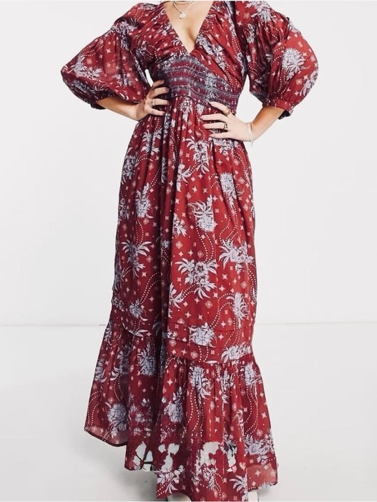 Free People Dresses & Skirts - Free People Wine Floral Golden Hour Boho Long Sleeve Maxi Dress